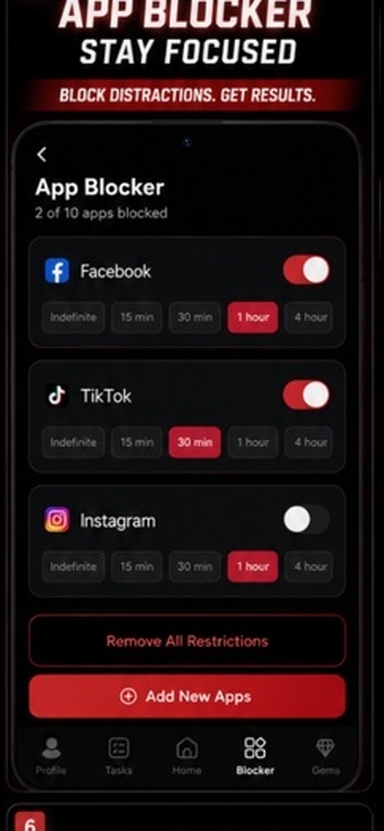 Liftora app blocker with timed focus controls for distracting apps