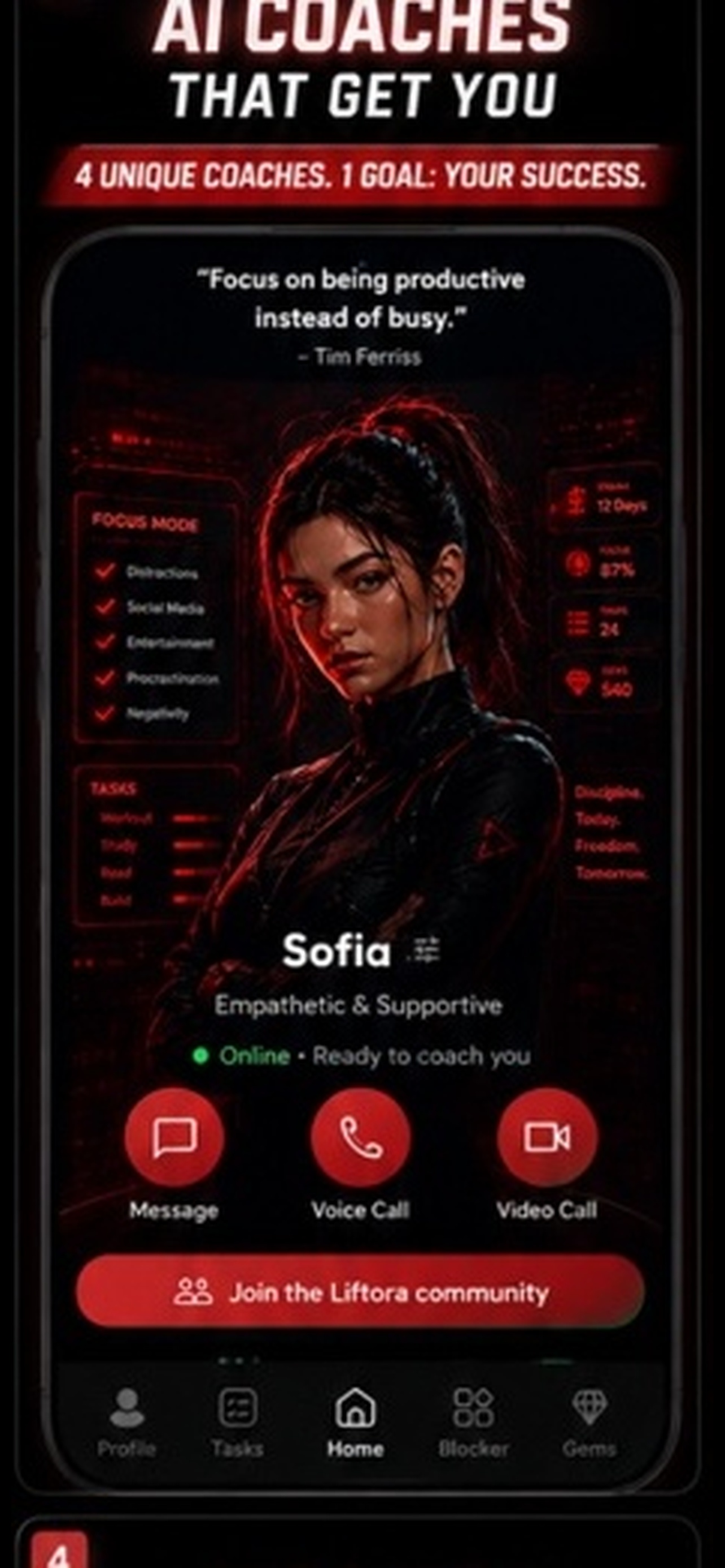 Liftora AI Coach screen with supportive coaching, focus mode and daily tasks