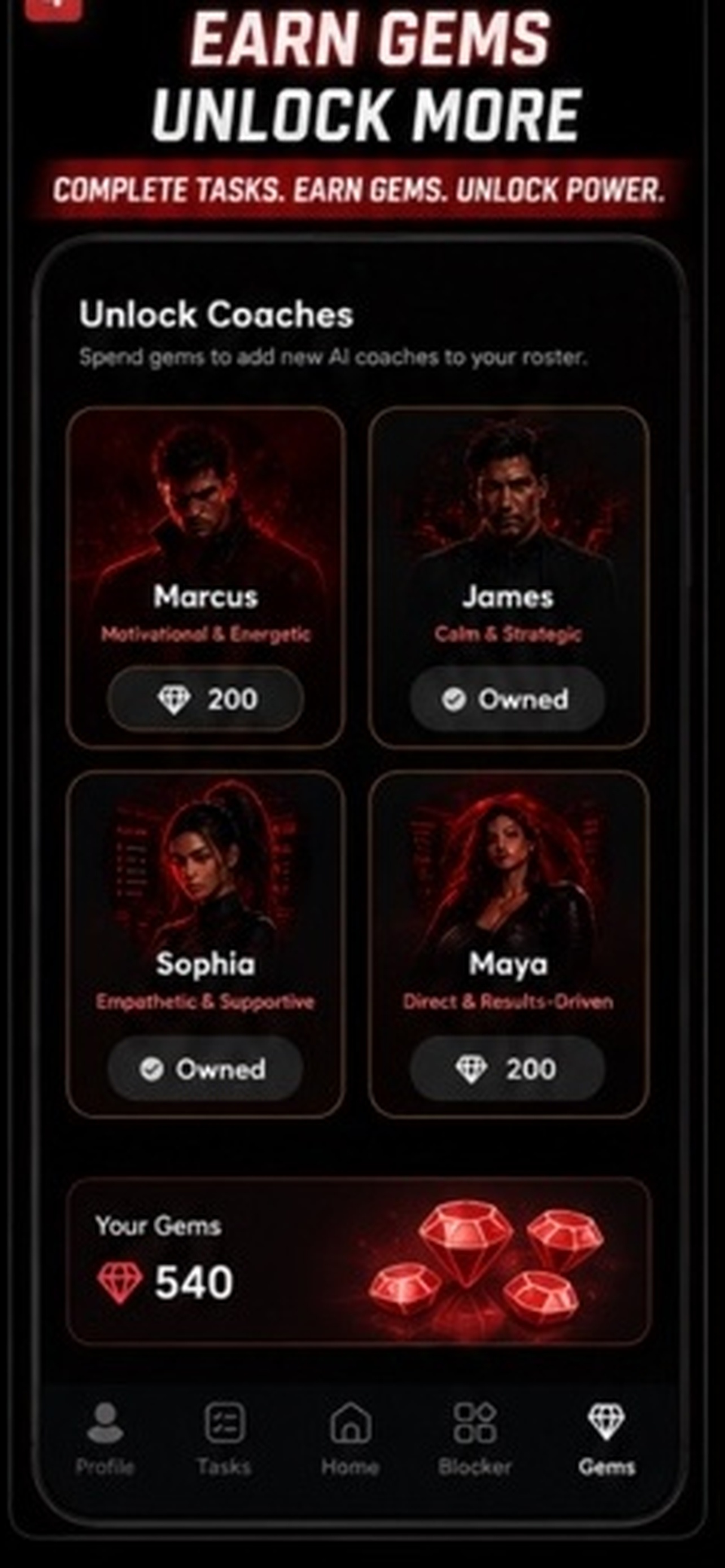 Liftora habit rewards screen where completed tasks earn gems and unlock AI coaches