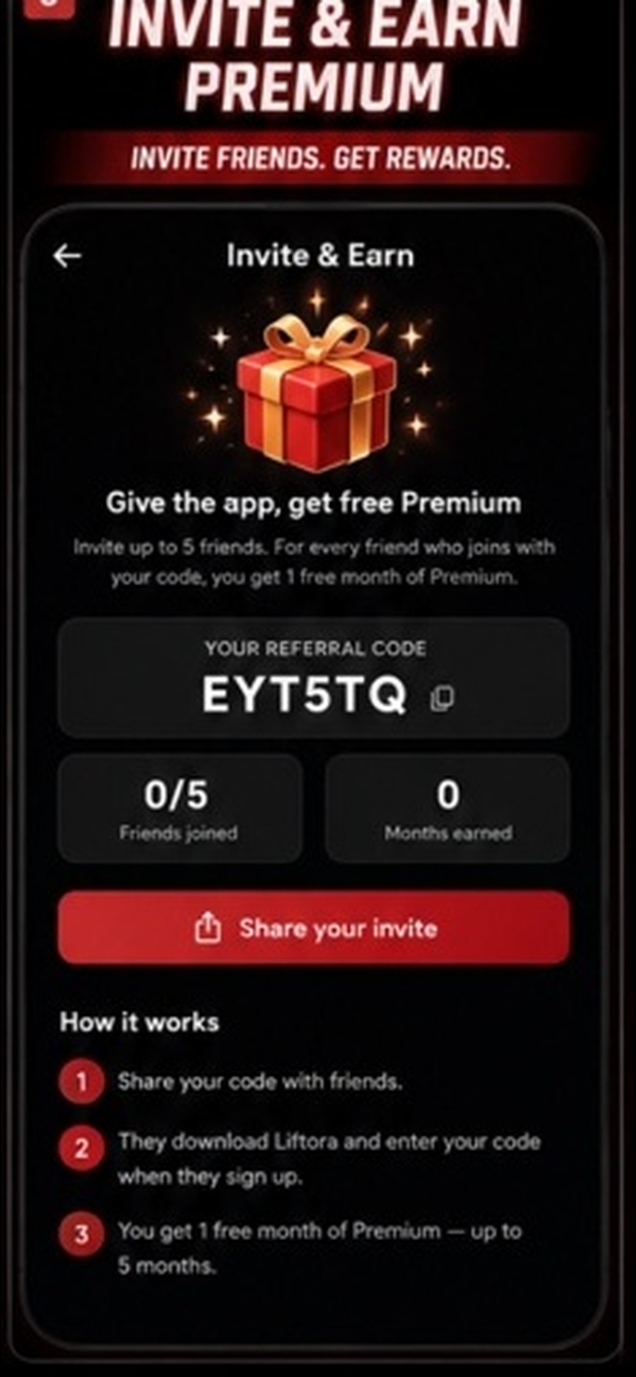 Liftora invite and earn screen with referral rewards for Premium access