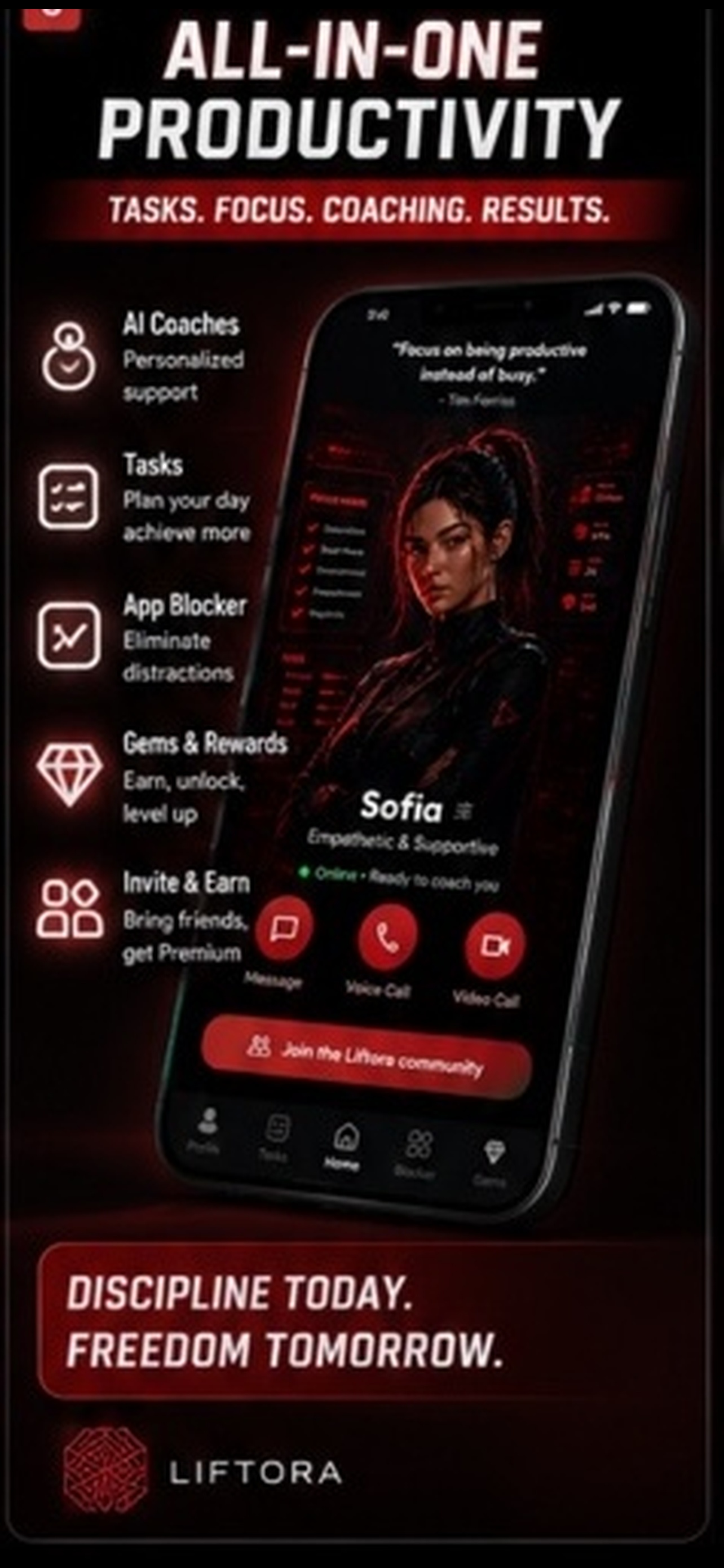 Liftora all-in-one productivity app with AI coaches, tasks, app blocking and rewards