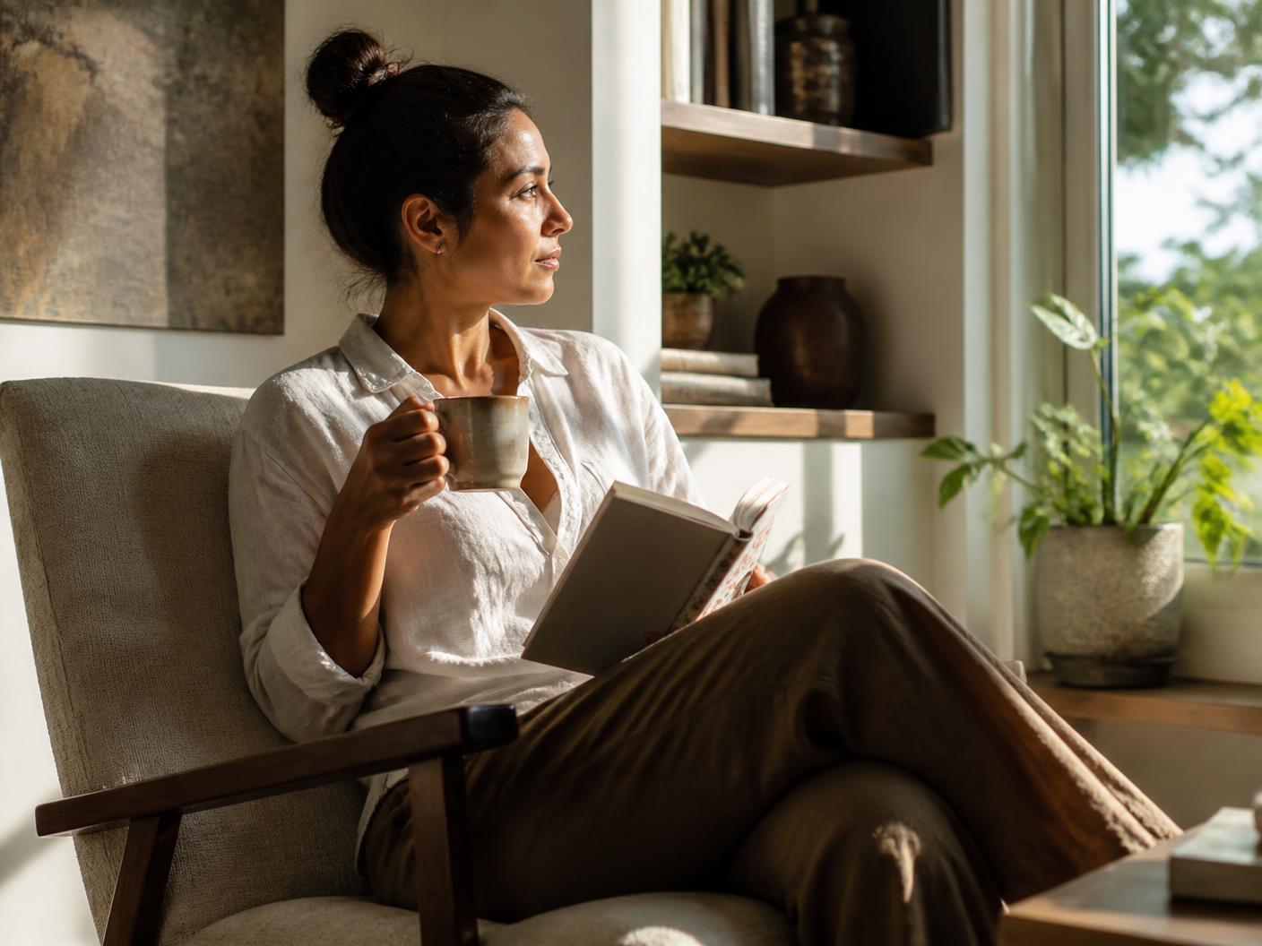 Mother enjoying a quiet moment with coffee and a book at home
